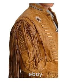 Men Western Cowboy Fringe Jacket Beaded Native American Real Leather Jacket