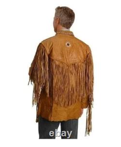 Men Western Cowboy Fringe Jacket Beaded Native American Real Leather Jacket