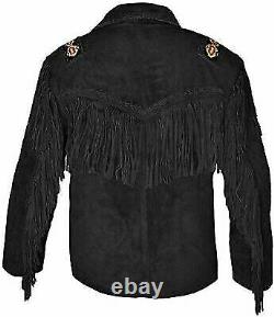 Men's Native American Cowboy Buckskin Leather Western Jacket Coat With Fringe