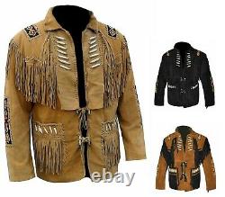 Men's Native American Suede Leather Fringe Jacket With Bones Beads Braid MJ06