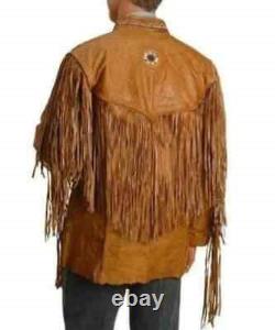 Men's Native American Suede Leather Jacket Fringes & Beads Cowboy Western jacket