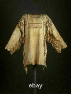 Men's Native American Western Buckskin Buffalo Leather Fringe War Shirt Ts09