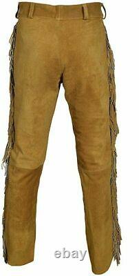 Men's Native American Western Buckskin Suede Leather With Fringe beaded Pants