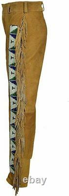 Men's Native American Western Buckskin Suede Leather With Fringe beaded Pants