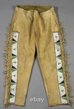 Mens Native American Cowboy Genuine Suede Leather Fringe Pants Long Beads PLB66