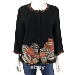 Michael Simon Cardigan XL Beaded Embroidered Native American Pottery Jars Ethnic