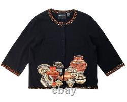 Michael Simon Cardigan XL Beaded Embroidered Native American Pottery Jars Ethnic
