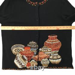 Michael Simon Cardigan XL Beaded Embroidered Native American Pottery Jars Ethnic