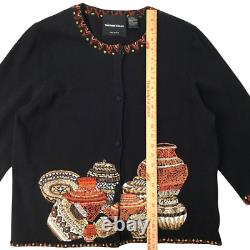 Michael Simon Cardigan XL Beaded Embroidered Native American Pottery Jars Ethnic