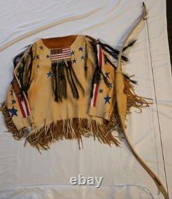 NATIVE AMERICAN BUCKSKIN BEADED WAR SHIRT And Bow AGE UNKNOWN