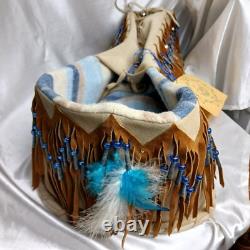 NATIVE AMERICAN CRADLE BOARD BY TWIN CRADLES 26'' (Cowhide, Feathers, Beads) NEW