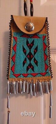 NATIVE AMERICAN style beaded strike-a-light bag 4 X 5 tin cones belt bag