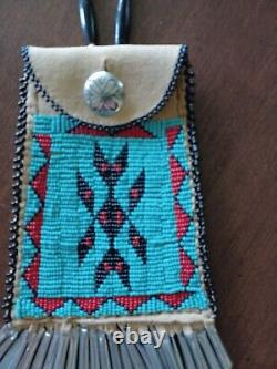 NATIVE AMERICAN style beaded strike-a-light bag 4 X 5 tin cones belt bag