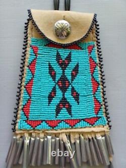 NATIVE AMERICAN style beaded strike-a-light bag 4 X 5 tin cones belt bag