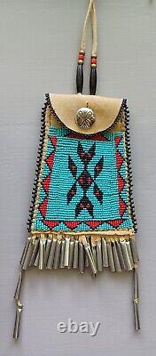 NATIVE AMERICAN style beaded strike-a-light bag 4 X 5 tin cones belt bag