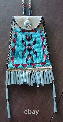 NATIVE AMERICAN style beaded strike-a-light bag 4 X 5 tin cones belt bag