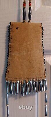 NATIVE AMERICAN style beaded strike-a-light bag 4 X 5 tin cones belt bag