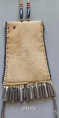 NATIVE AMERICAN style beaded strike-a-light bag 4 X 5 tin cones belt bag
