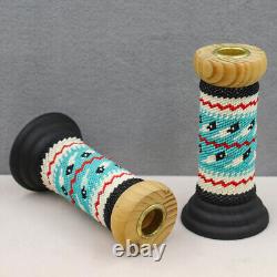 NAVAJO-WOOD CANDLESTICK PAIR WITH BEADWORK by CHARMAINE JOHN-NATIVE AMERICAN