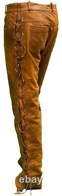 NAYA Cowboy Native American Brown Suede Leather Pant Buckskin Beaded Side Laced