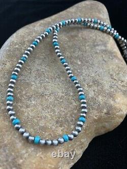 Native Amer Navajo Pearls 4mm Sterling Silver Blue Turquoise Bead Necklace 16