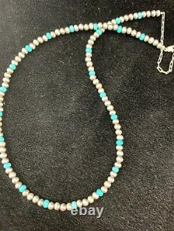 Native Amer Navajo Pearls 4mm Sterling Silver Blue Turquoise Bead Necklace 16