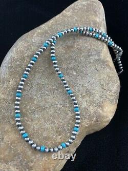 Native Amer Navajo Pearls 4mm Sterling Silver Blue Turquoise Bead Necklace 16