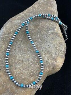 Native Amer Navajo Pearls 4mm Sterling Silver Blue Turquoise Bead Necklace 16