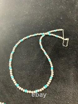 Native Amer Navajo Pearls 4mm Sterling Silver Blue Turquoise Bead Necklace 16