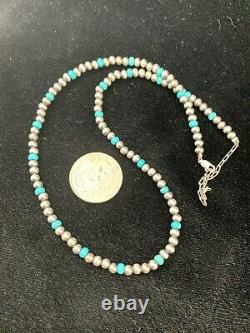 Native Amer Navajo Pearls 4mm Sterling Silver Blue Turquoise Bead Necklace 16