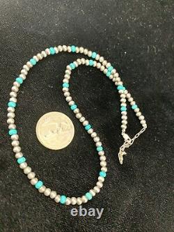 Native Amer Navajo Pearls 4mm Sterling Silver Blue Turquoise Bead Necklace 16