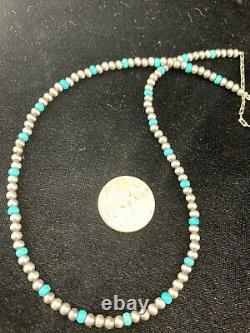 Native Amer Navajo Pearls 4mm Sterling Silver Blue Turquoise Bead Necklace 16