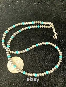 Native Amer Navajo Pearls 4mm Sterling Silver Blue Turquoise Bead Necklace 16