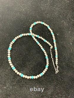 Native Amer Navajo Pearls 4mm Sterling Silver Blue Turquoise Bead Necklace 16