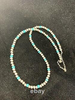 Native Amer Navajo Pearls 4mm Sterling Silver Blue Turquoise Bead Necklace 16