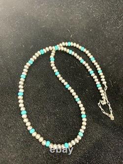 Native Amer Navajo Pearls 4mm Sterling Silver Blue Turquoise Bead Necklace 16