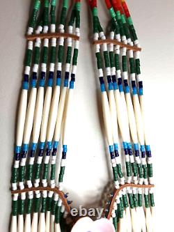 Native American 43 Long Hair Pipe Leather Beaded Breast Plate Shell Chest Piece