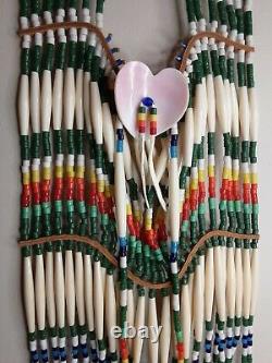Native American 43 Long Hair Pipe Leather Beaded Breast Plate Shell Chest Piece