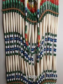 Native American 43 Long Hair Pipe Leather Beaded Breast Plate Shell Chest Piece