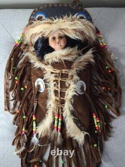 Native American Baby Papoose Cradleboard Doll Beaded Wooden Suede Wall Hanging