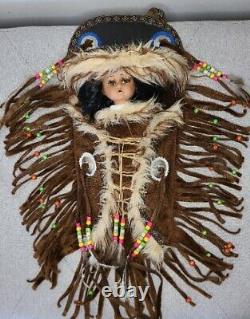 Native American Baby Papoose Cradleboard Doll Beaded Wooden Suede Wall Hanging