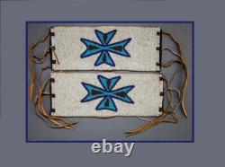 Native American Beaded Arm Bands Pair Blue Cross Design 8.75 L X 3.5 W. BCF123