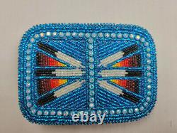 Native American Beaded Belt Buckle 3 in x 4.25 in Blue Feather Design