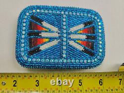 Native American Beaded Belt Buckle 3 in x 4.25 in Blue Feather Design