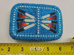 Native American Beaded Belt Buckle 3 in x 4.25 in Blue Feather Design