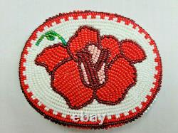 Native American Beaded Belt Buckle 3 in x 4 in Red Flower Design