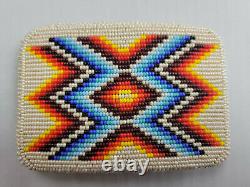 Native American Beaded Belt Buckle 4.25 in x 3 in White Blue Red Design