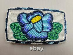 Native American Beaded Belt Buckle 4.75 in x 2.75 in Blue Flower Design