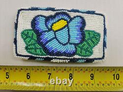 Native American Beaded Belt Buckle 4.75 in x 2.75 in Blue Flower Design