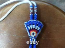 Native American Beaded FAN Medallion Bolo Tie 19 Blue HandMade Feather Fire